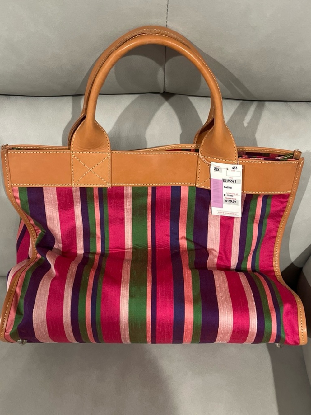 Maurizio Taiuti Multicolor Striped Tote with Tan Leather Trim